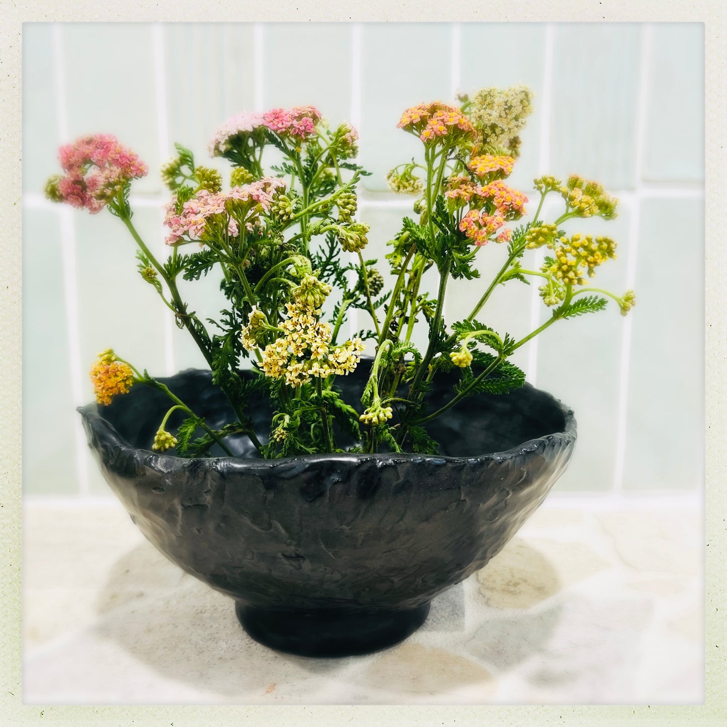 Textured Black Display Bowl with Flower Frog